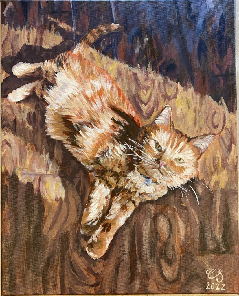 An impressionist style painting of a lounging cat. 16x20